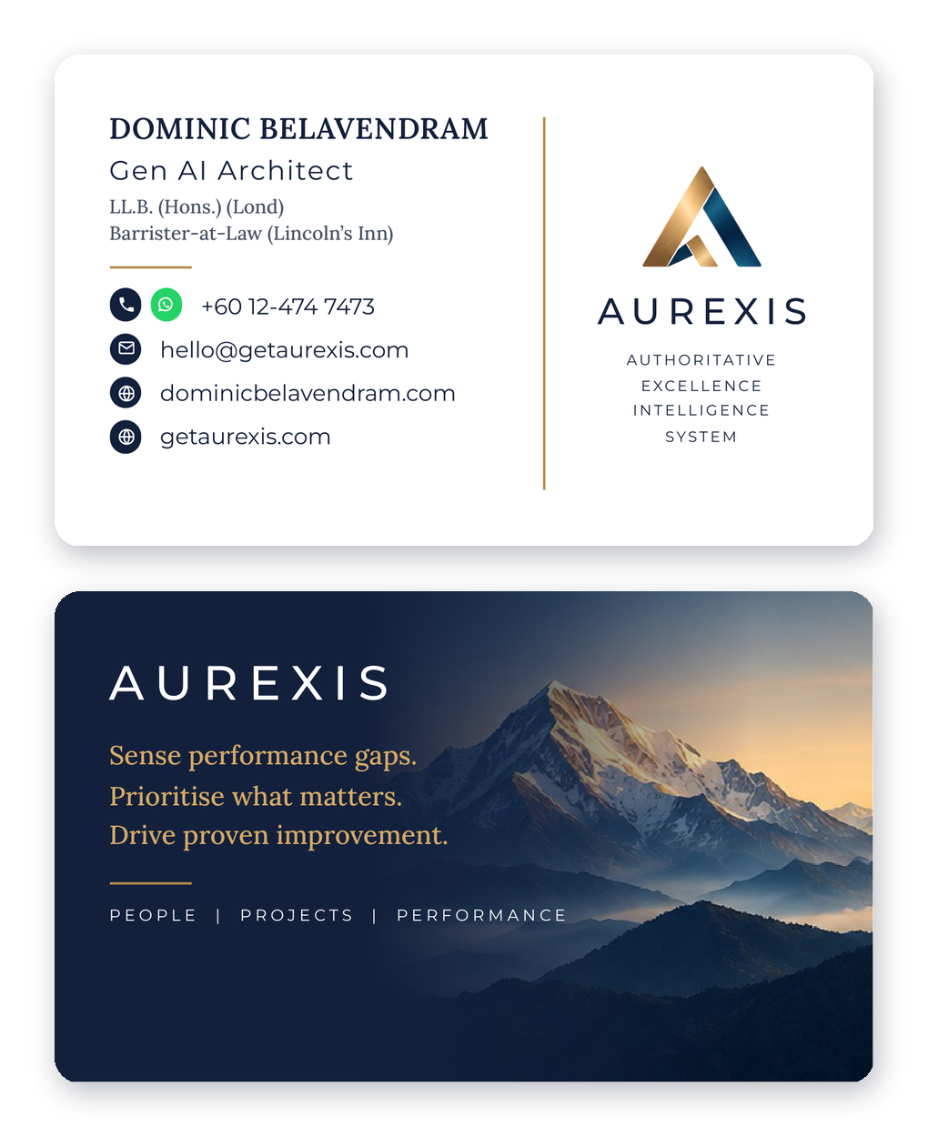 Business card of Dominic Belavendram: Gen AI Architect; LL.B. (Hons.) (Lond), Barrister-at-Law (Lincoln's Inn); +60 12-474 7473 (phone and WhatsApp); hello@getaurexis.com; dominicbelavendram.com; getaurexis.com; AUREXIS, Authoritative Excellence Intelligence System